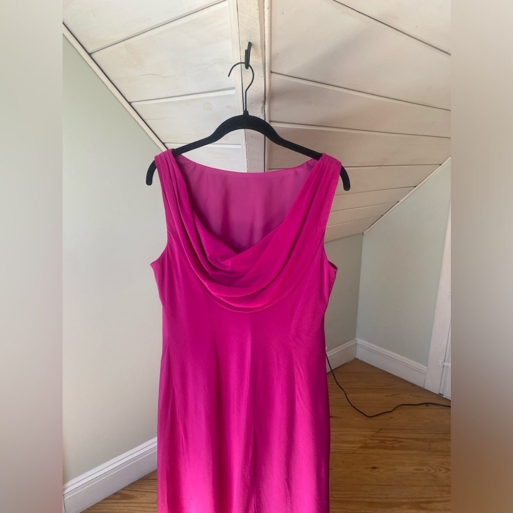 Silk Evan Picone Cocktail Dress Fuchsia Pink Drape Back Layered Skirt Sz 14 VTG - Picture 7 of 16